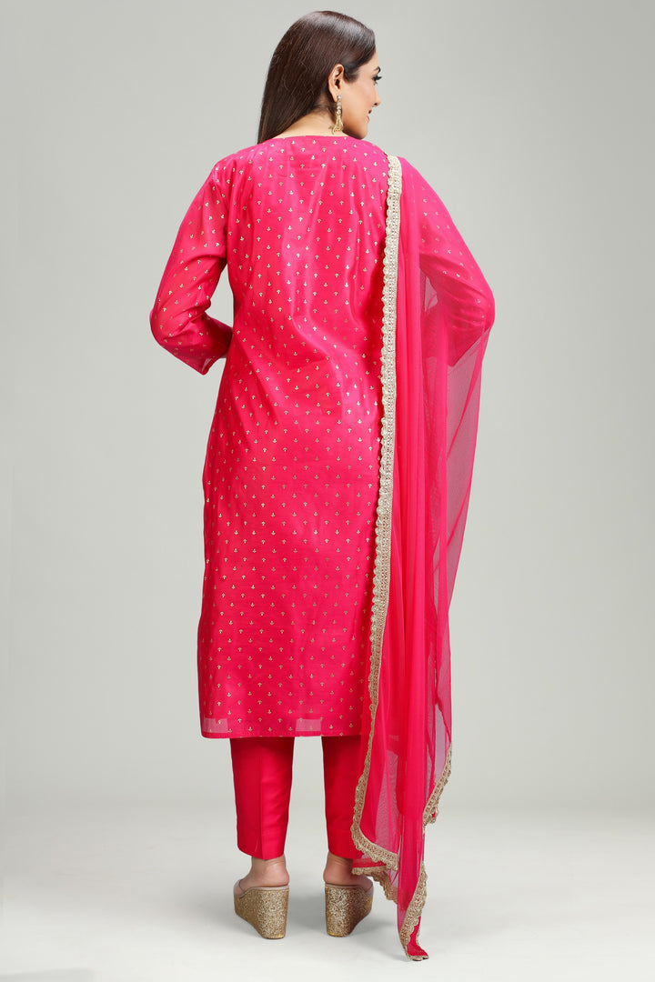 Pink Chanderi Straight Embroidered Kurta Pant Suit Set