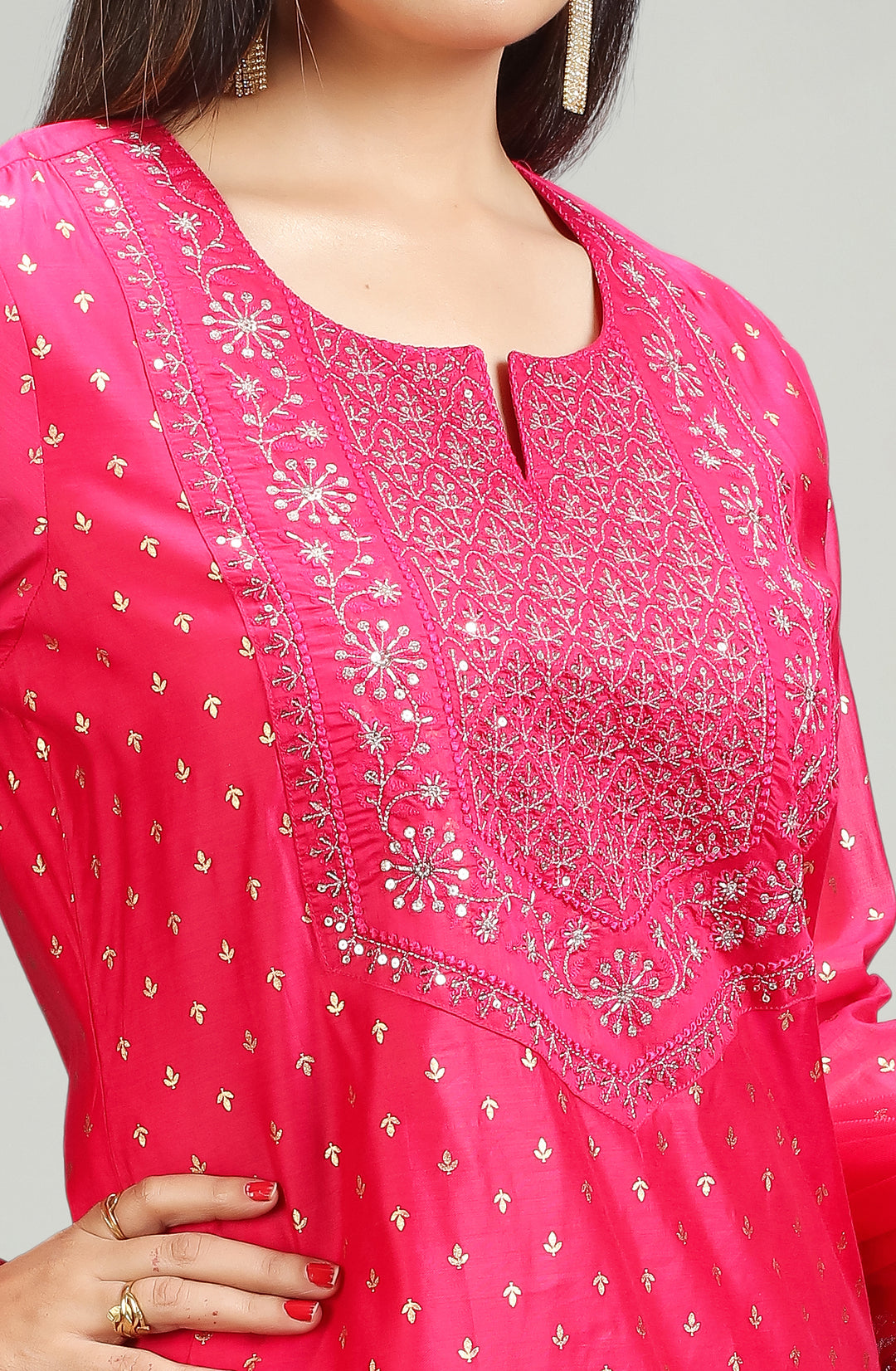 Pink Chanderi Straight Embroidered Kurta Pant Suit Set