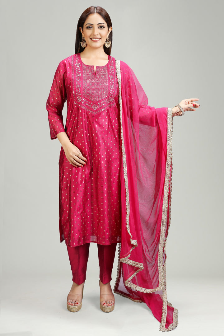 Magenta Chanderi Straight Embroidered Kurta Pant Suit Set