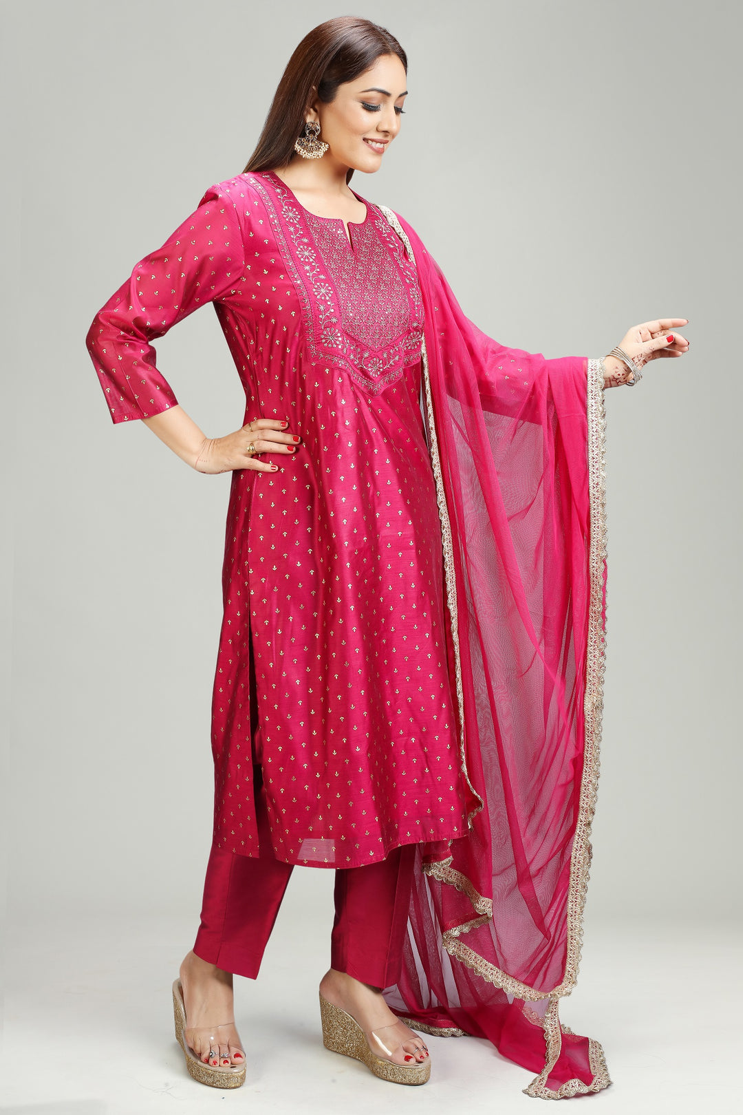 Magenta Chanderi Straight Embroidered Kurta Pant Suit Set