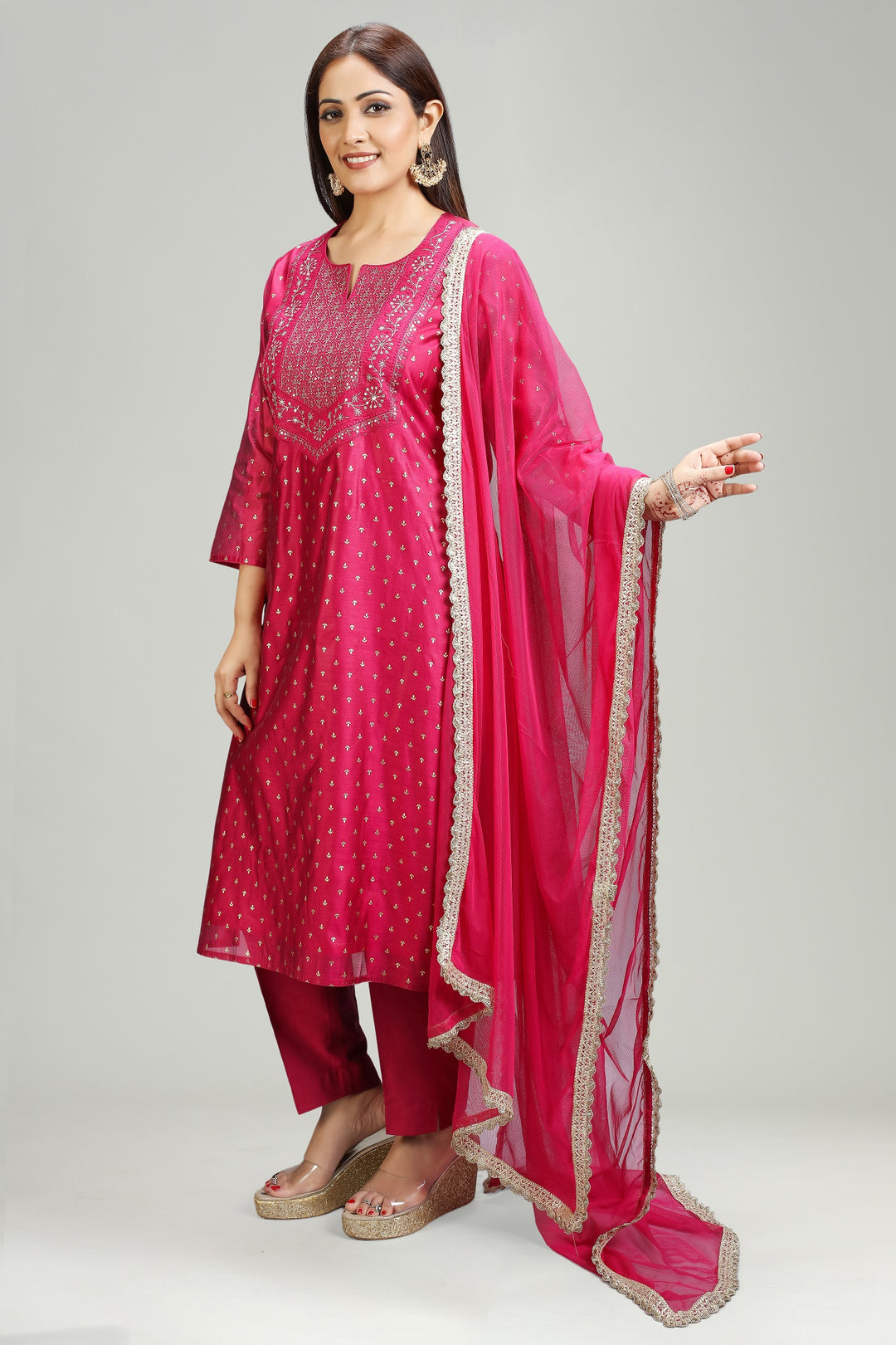 Magenta Chanderi Straight Embroidered Kurta Pant Suit Set