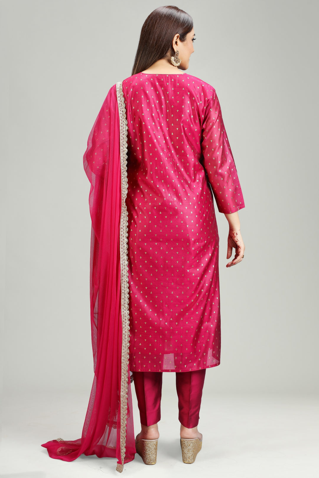 Magenta Chanderi Straight Embroidered Kurta Pant Suit Set