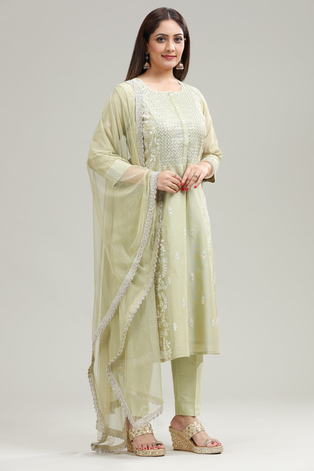 Pista Green Chanderi Straight Embroidered Kurta pant Suit Set