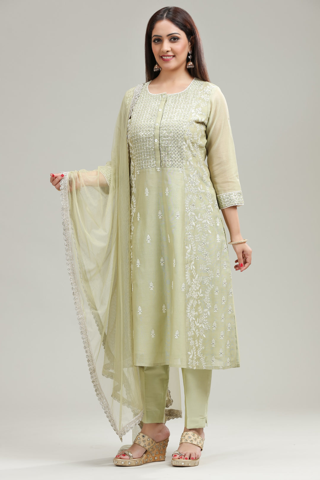 Pista Green Chanderi Straight Embroidered Kurta pant Suit Set