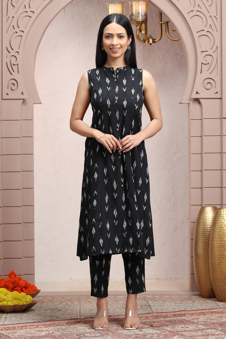 Black Flax Cotton Yarndyed A Line Sleeveless Kurta Pant Co ord Set