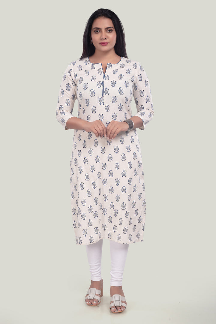 Off White Cotton Flax Straight Printed Kurta