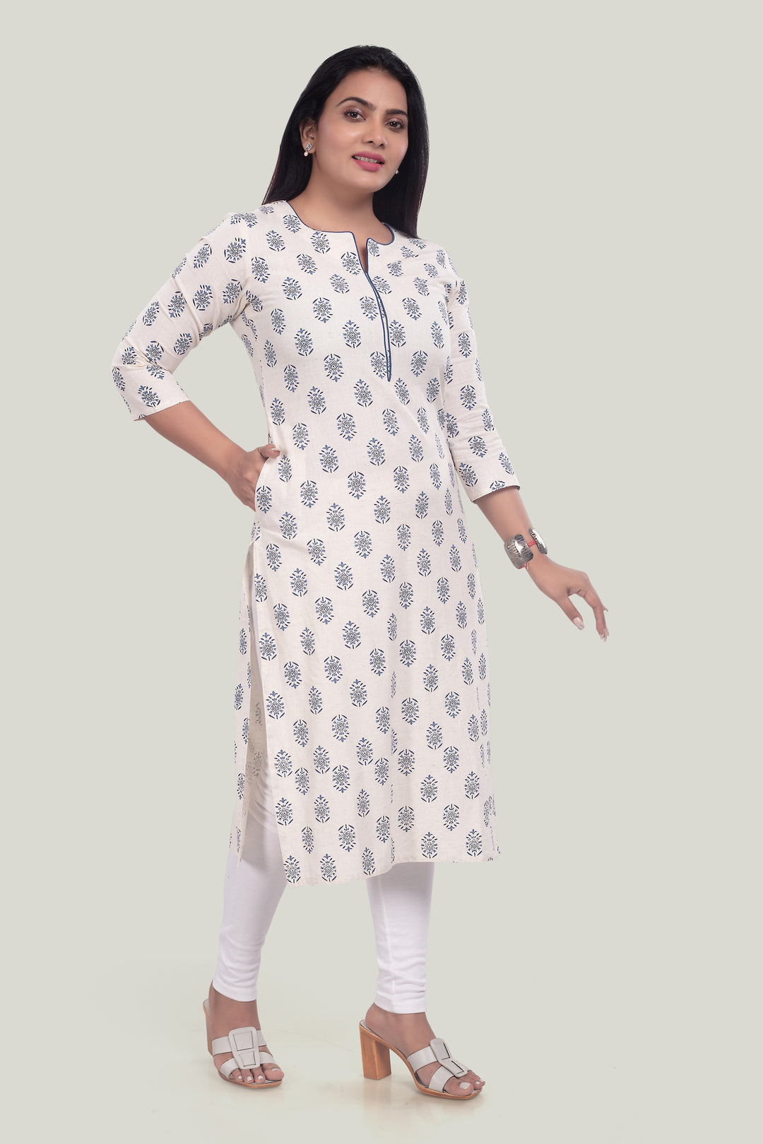 Off White Cotton Flax Straight Printed Kurta