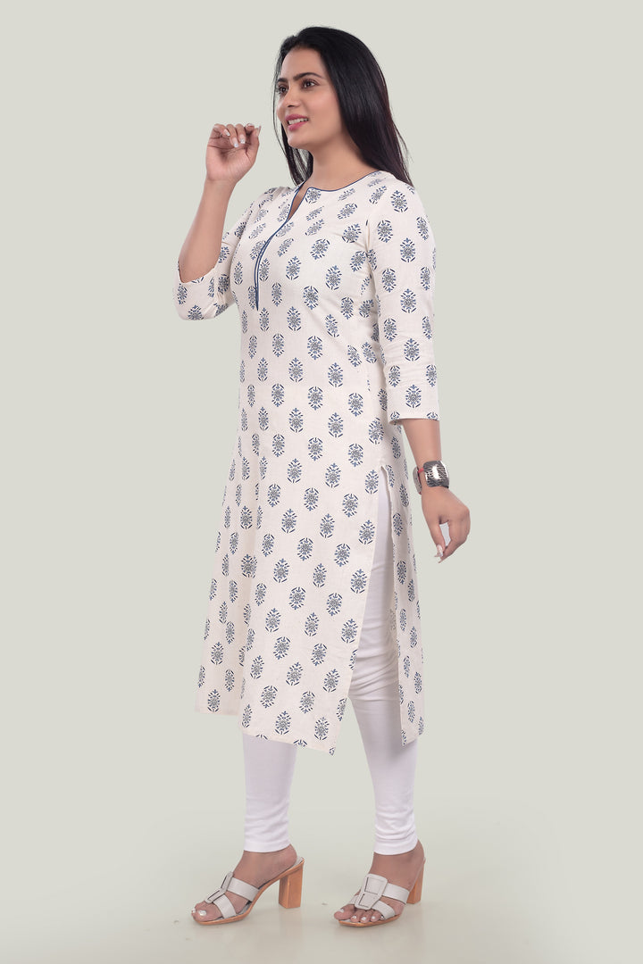 Off White Cotton Flax Straight Printed Kurta