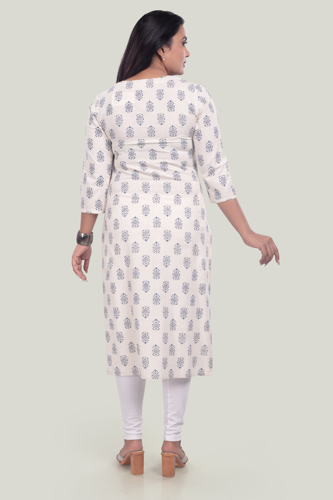 Off White Cotton Flax Straight Printed Kurta