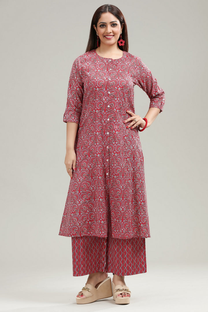 Rust Jaipuri Cotton A Line Printed Kurta