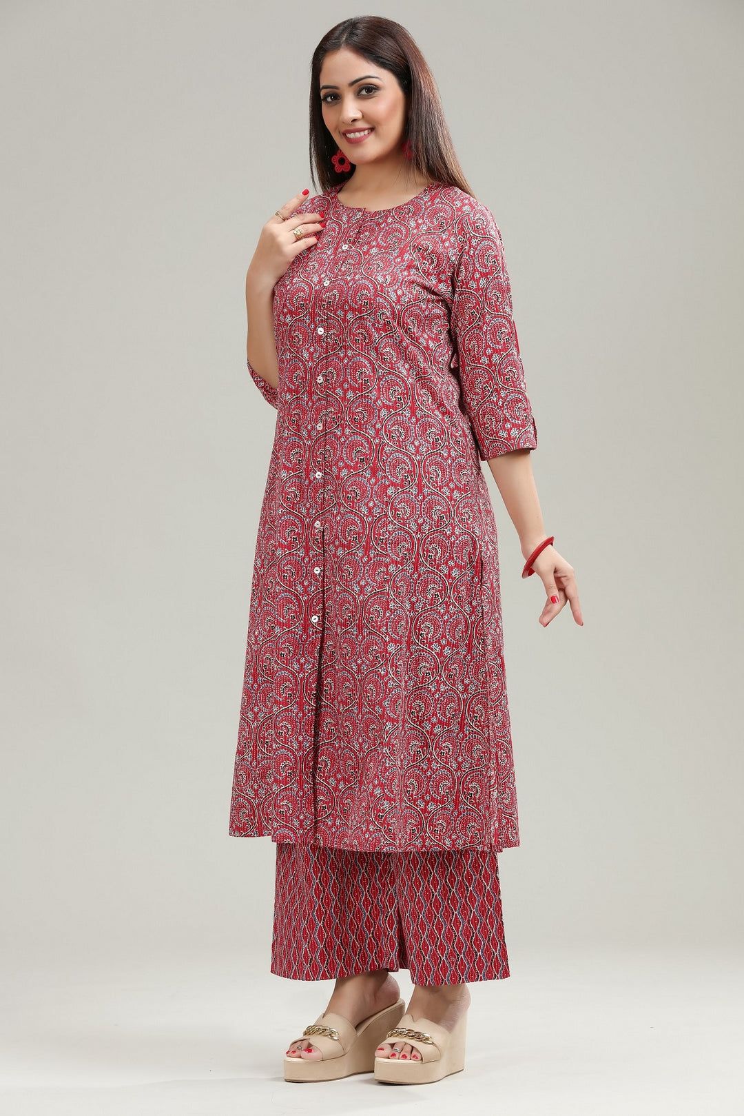 Rust Jaipuri Cotton A Line Printed Kurta