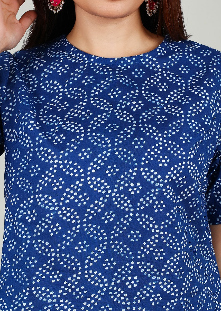 Blue Cotton Straight Printed Kurti