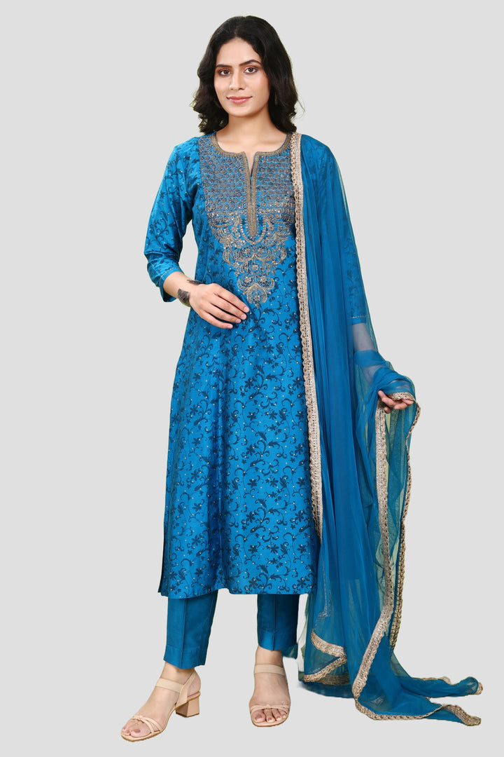 Royal Blue PolySilk A line Embroidered Kurta Pant Suit Set