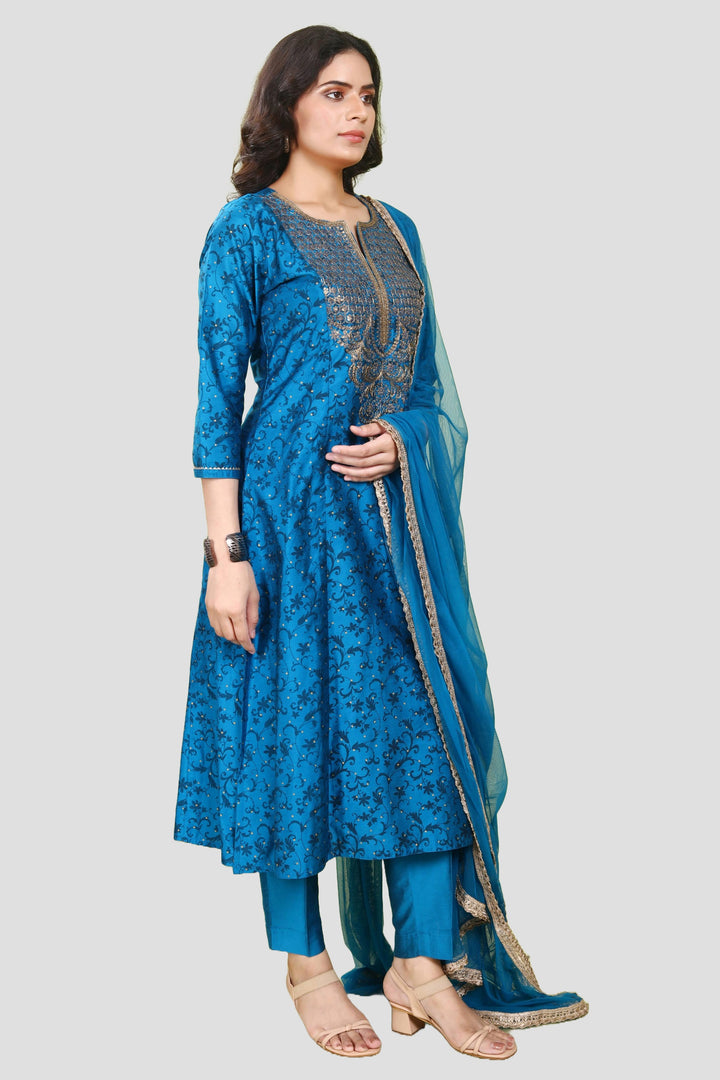 Royal Blue PolySilk A line Embroidered Kurta Pant Suit Set