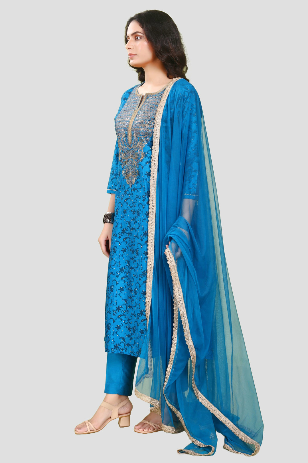 Royal Blue PolySilk A line Embroidered Kurta Pant Suit Set