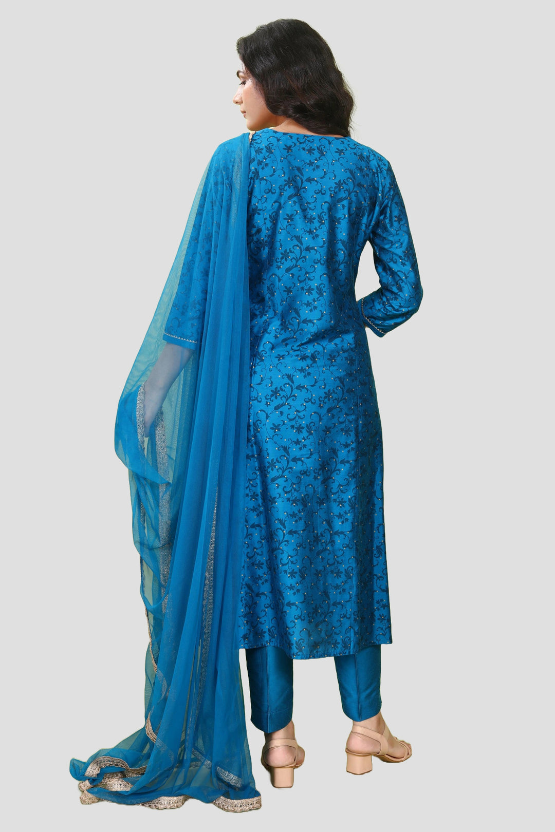 Royal Blue PolySilk A line Embroidered Kurta Pant Suit Set