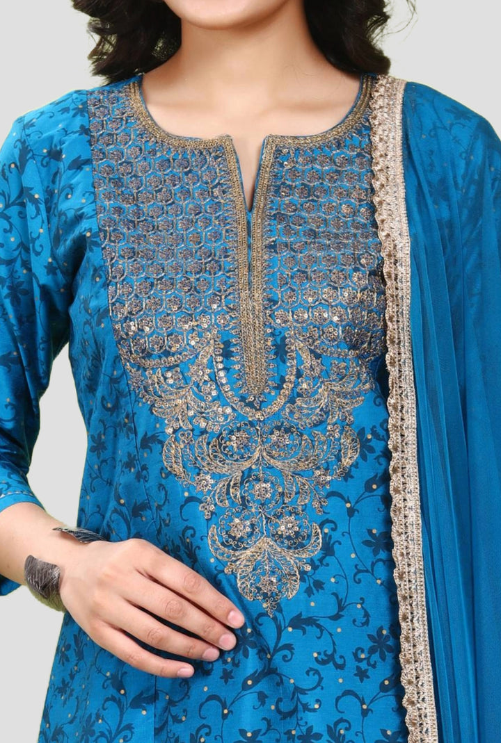 Royal Blue PolySilk A line Embroidered Kurta Pant Suit Set