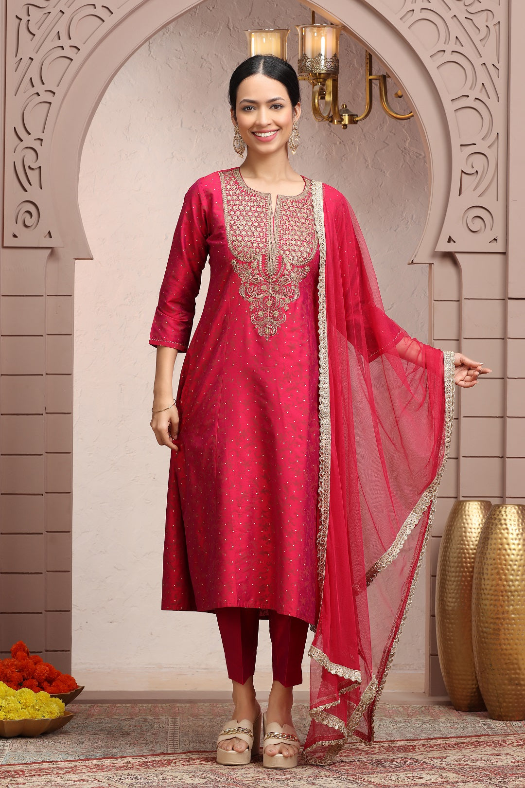 Crimson Red PolySilk A Line Embroidered Kurta Pant Suit Set