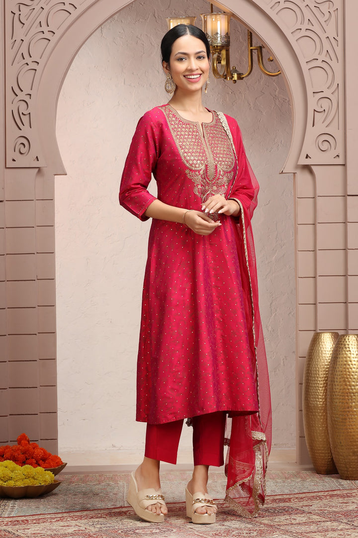 Crimson Red PolySilk A Line Embroidered Kurta Pant Suit Set