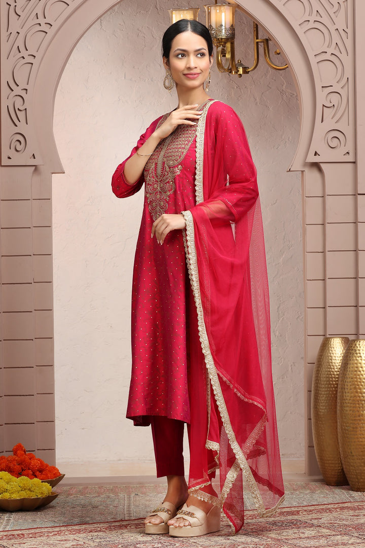 Crimson Red PolySilk A Line Embroidered Kurta Pant Suit Set