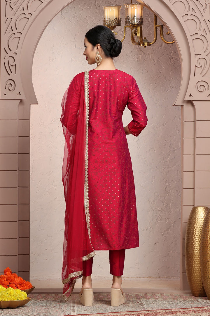 Crimson Red PolySilk A Line Embroidered Kurta Pant Suit Set