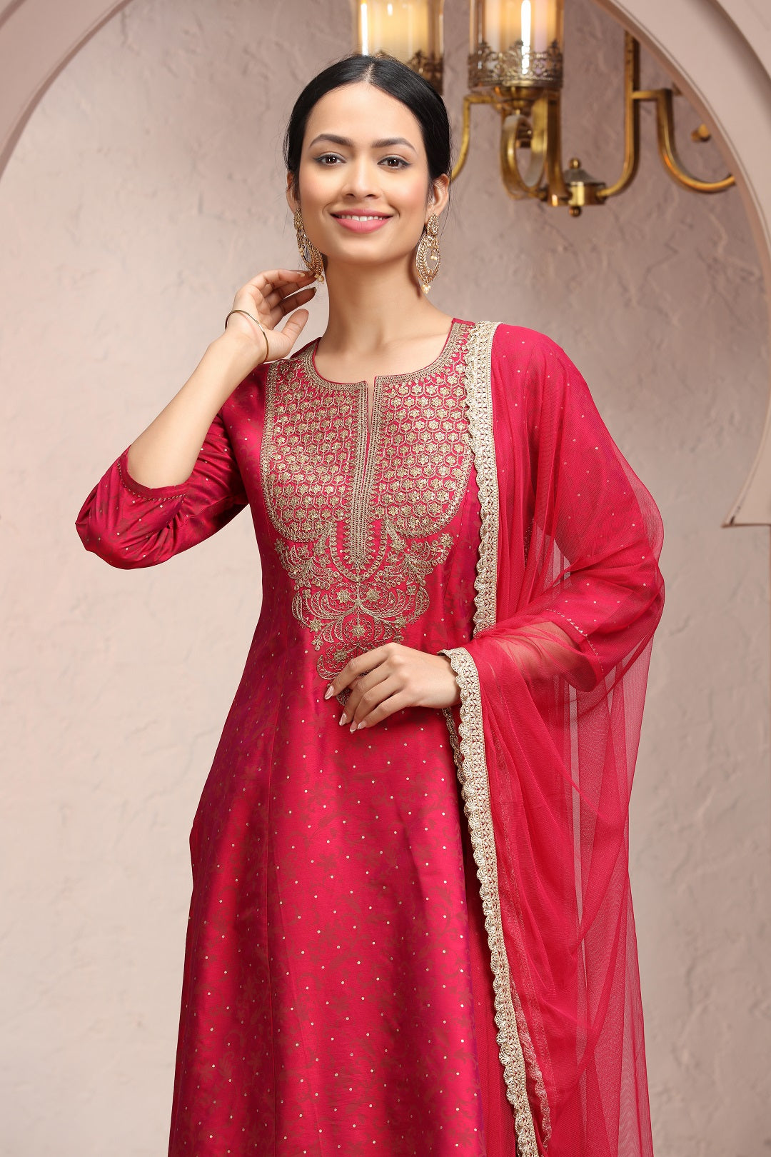 Crimson Red PolySilk A Line Embroidered Kurta Pant Suit Set