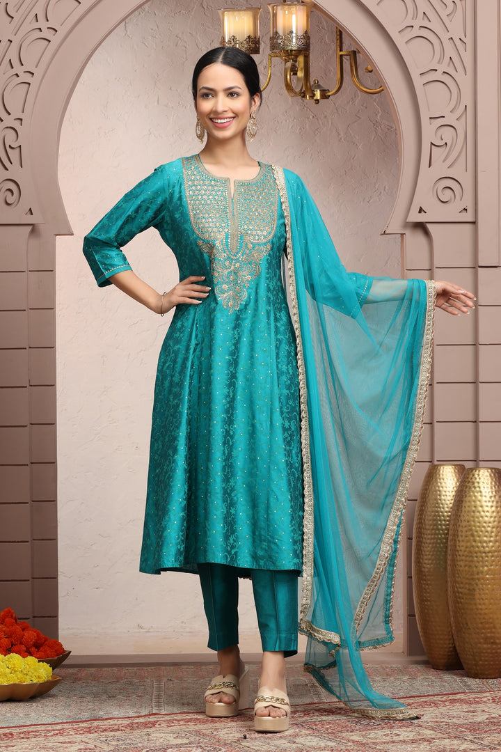 Teal PolySilk A Line Embroidered Kurta Pant Suit Set