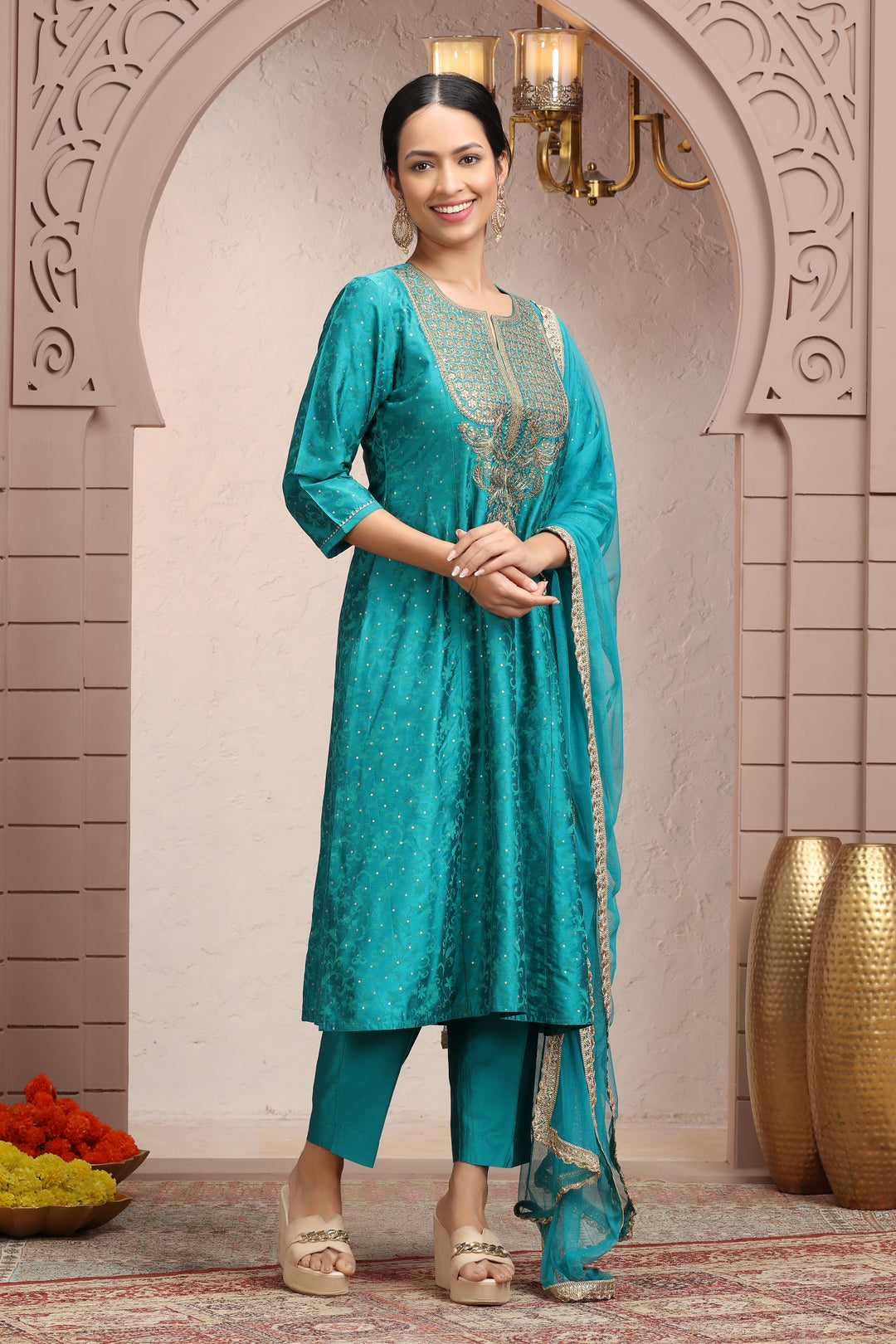 Teal PolySilk A Line Embroidered Kurta Pant Suit Set