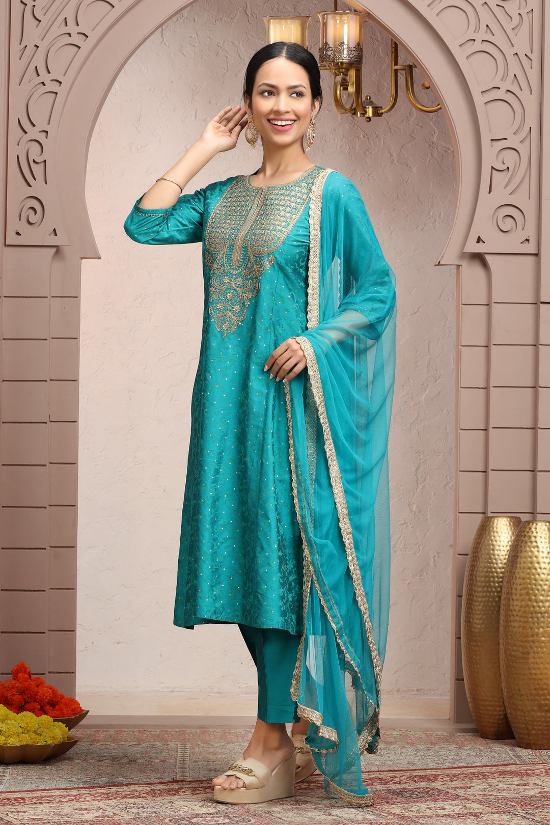 Teal PolySilk A Line Embroidered Kurta Pant Suit Set