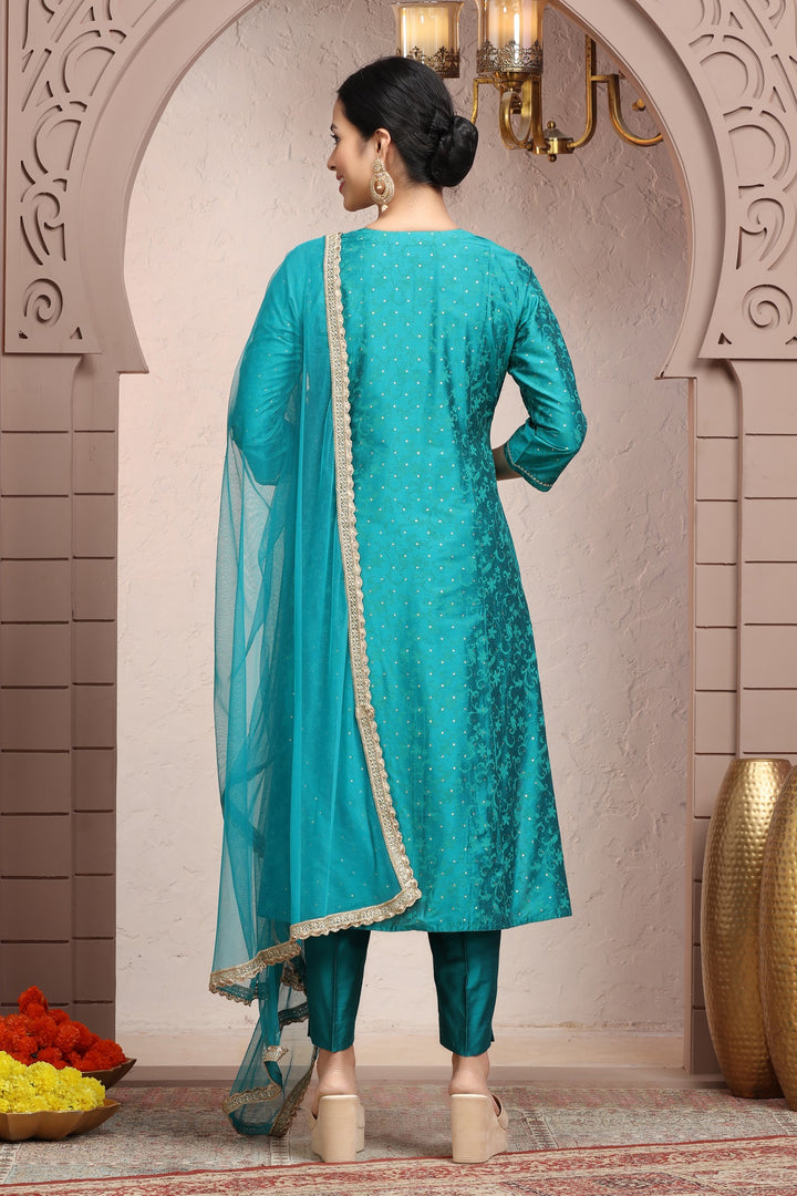 Teal PolySilk A Line Embroidered Kurta Pant Suit Set