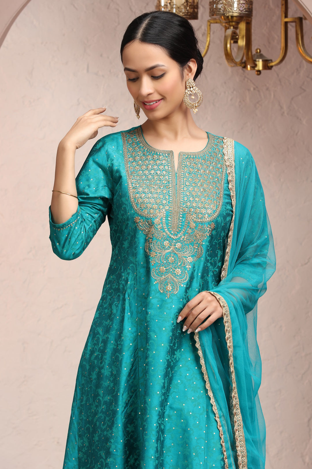 Teal PolySilk A Line Embroidered Kurta Pant Suit Set