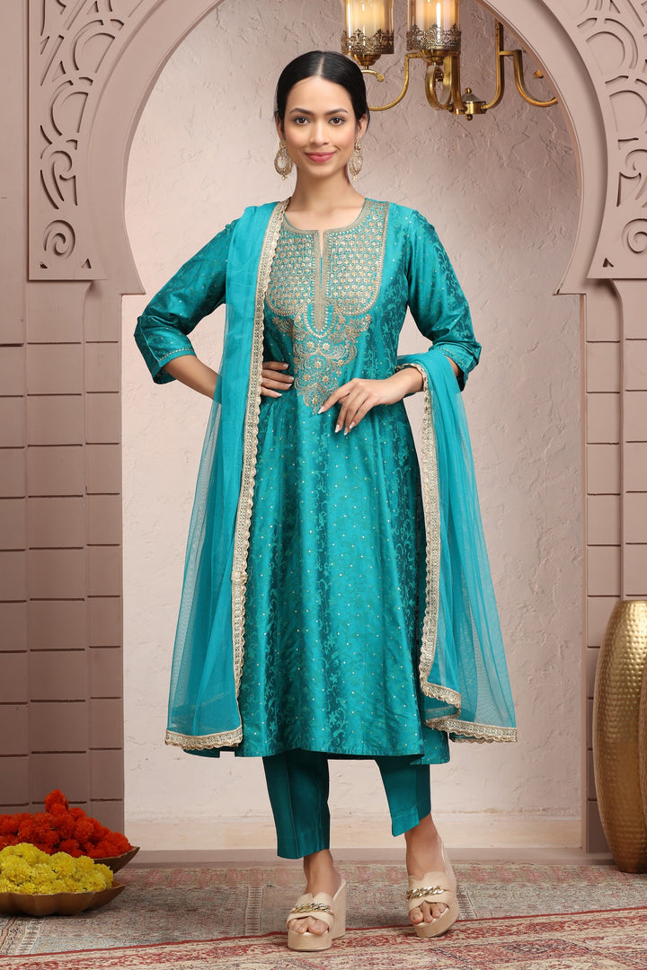 Teal PolySilk A Line Embroidered Kurta Pant Suit Set