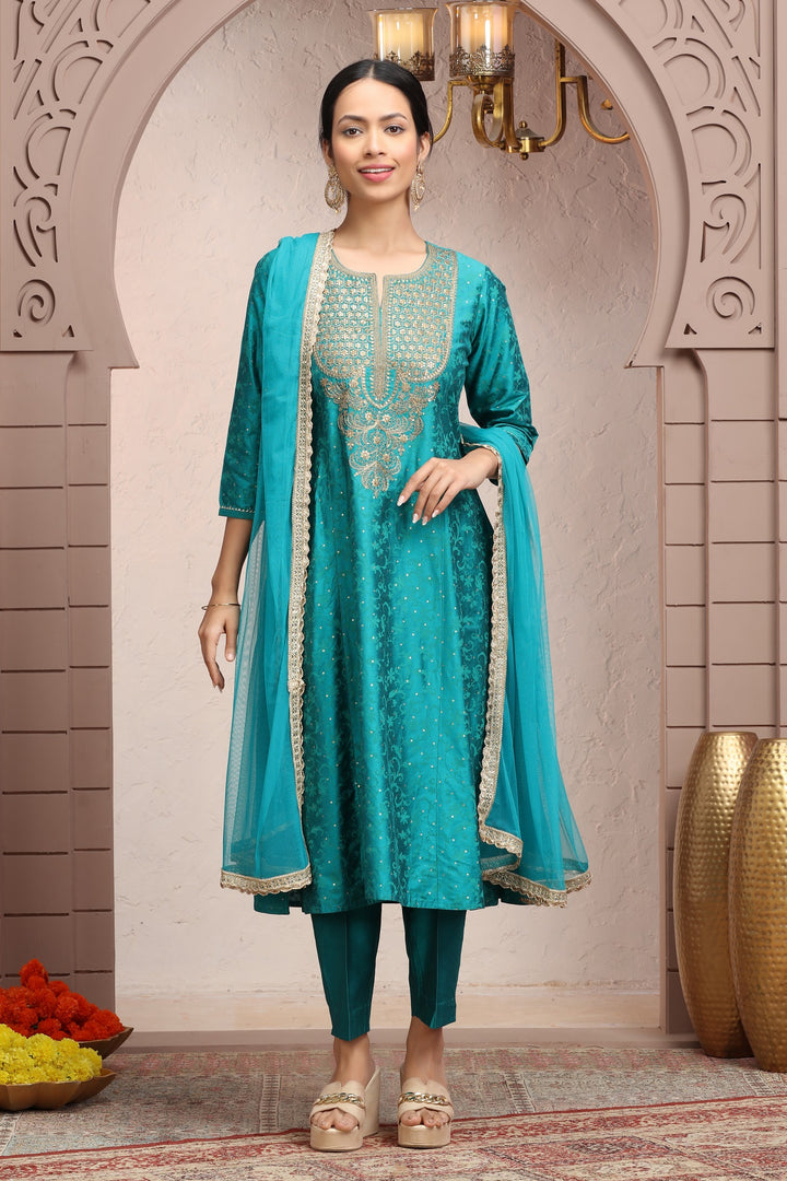 Teal PolySilk A Line Embroidered Kurta Pant Suit Set