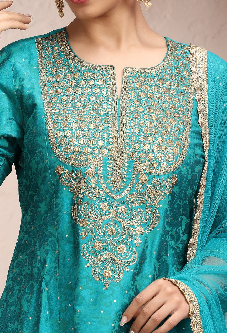 Teal PolySilk A Line Embroidered Kurta Pant Suit Set