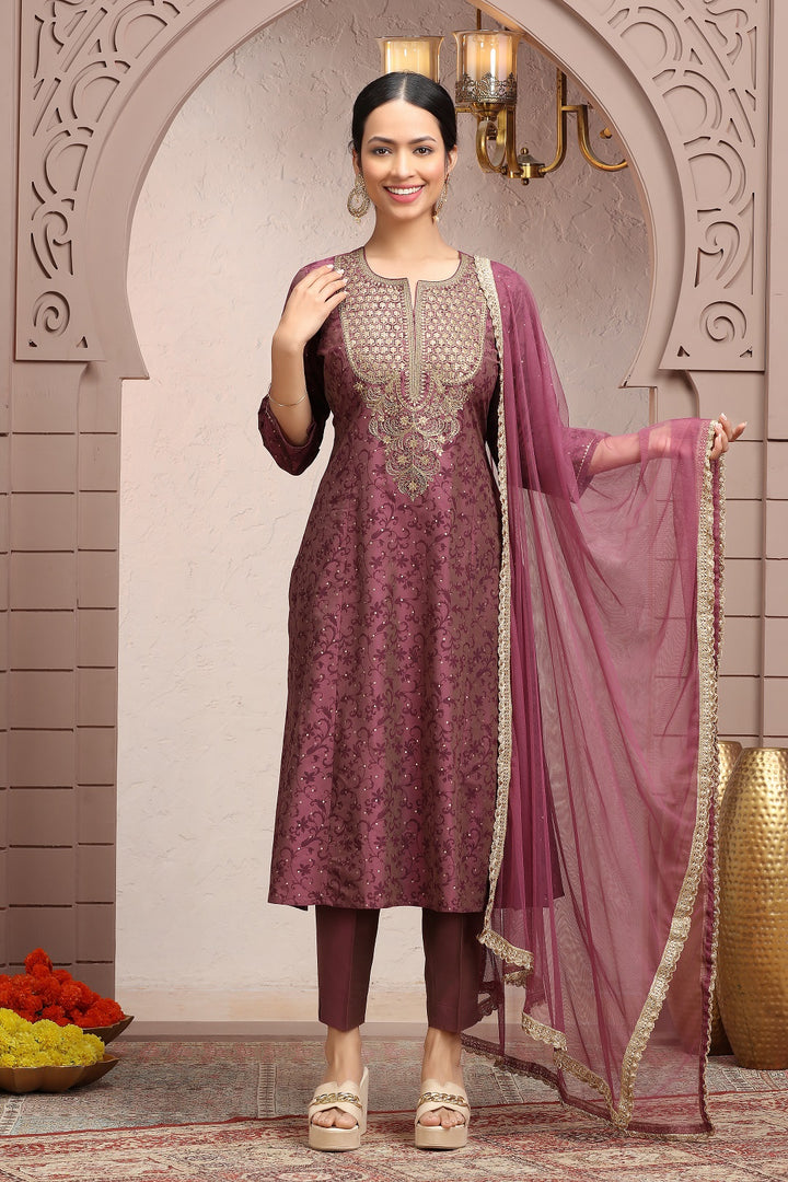 Wine PolySilk Embroidered A Line Kurta Pants and Dupatta Set for ladies / girls