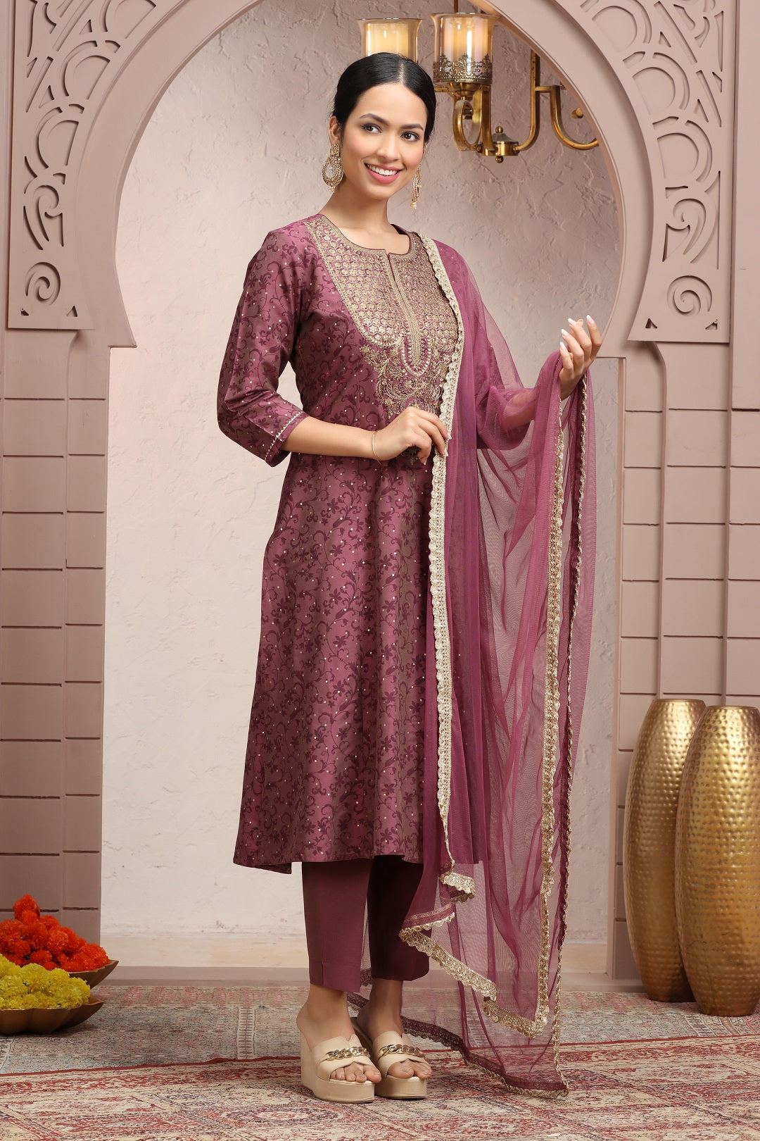 Wine PolySilk Embroidered A Line Kurta Pants and Dupatta Set for ladies / girls