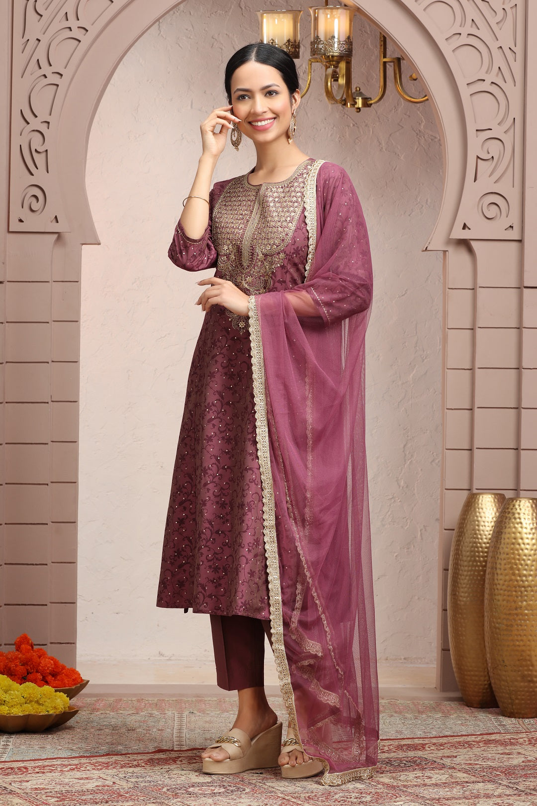 Wine PolySilk Embroidered A Line Kurta Pants and Dupatta Set for ladies / girls