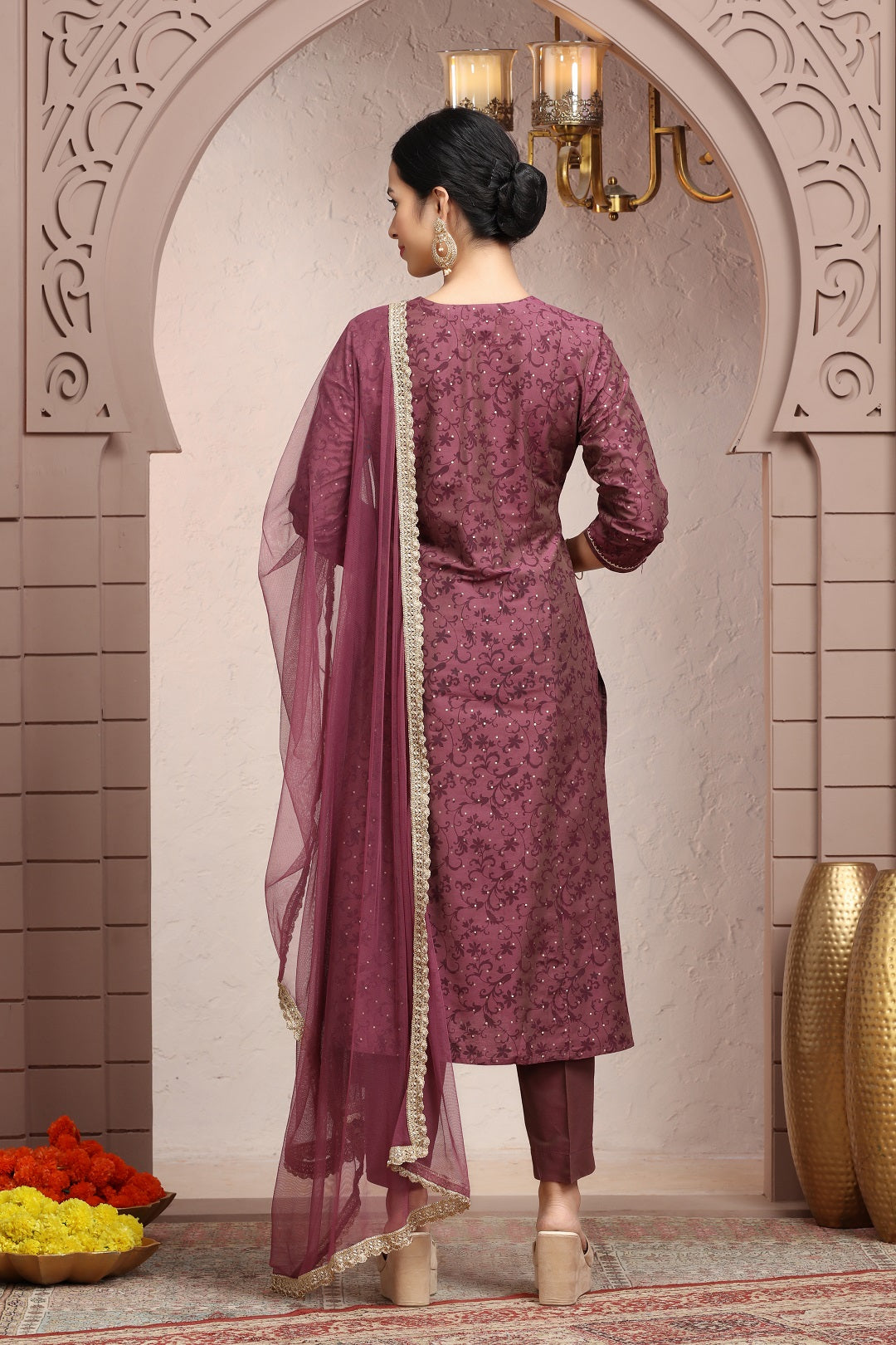 Wine PolySilk Embroidered A Line Kurta Pants and Dupatta Set for women / girls