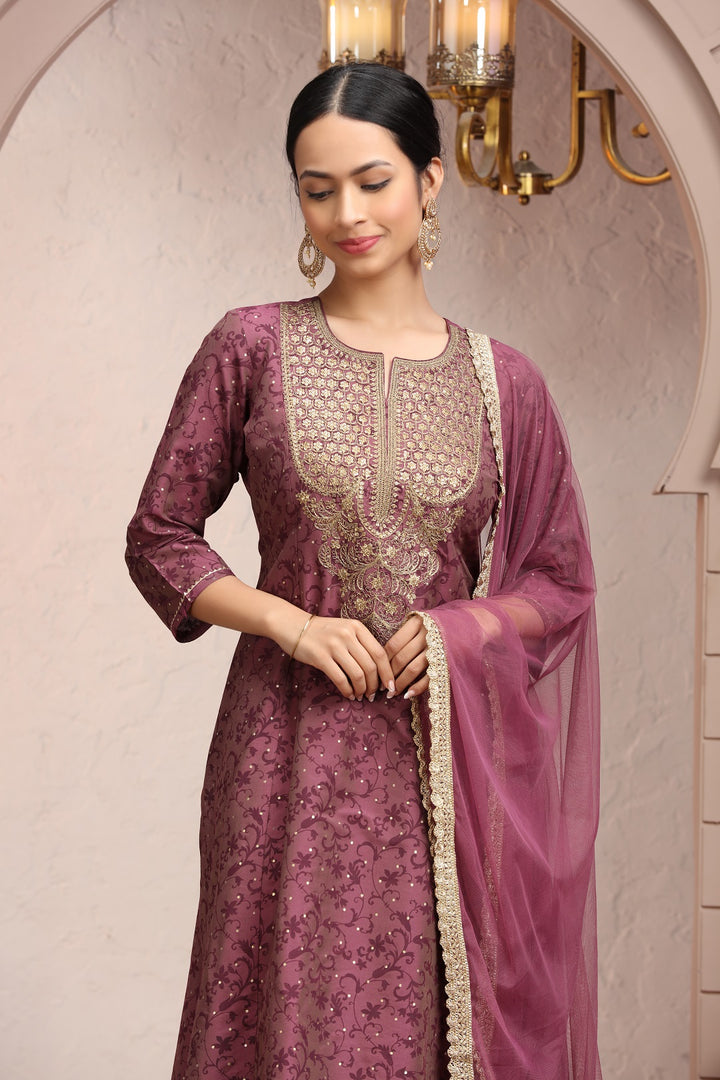 Wine PolySilk Embroidered A Line Kurta Pants and Dupatta Set for women / girls