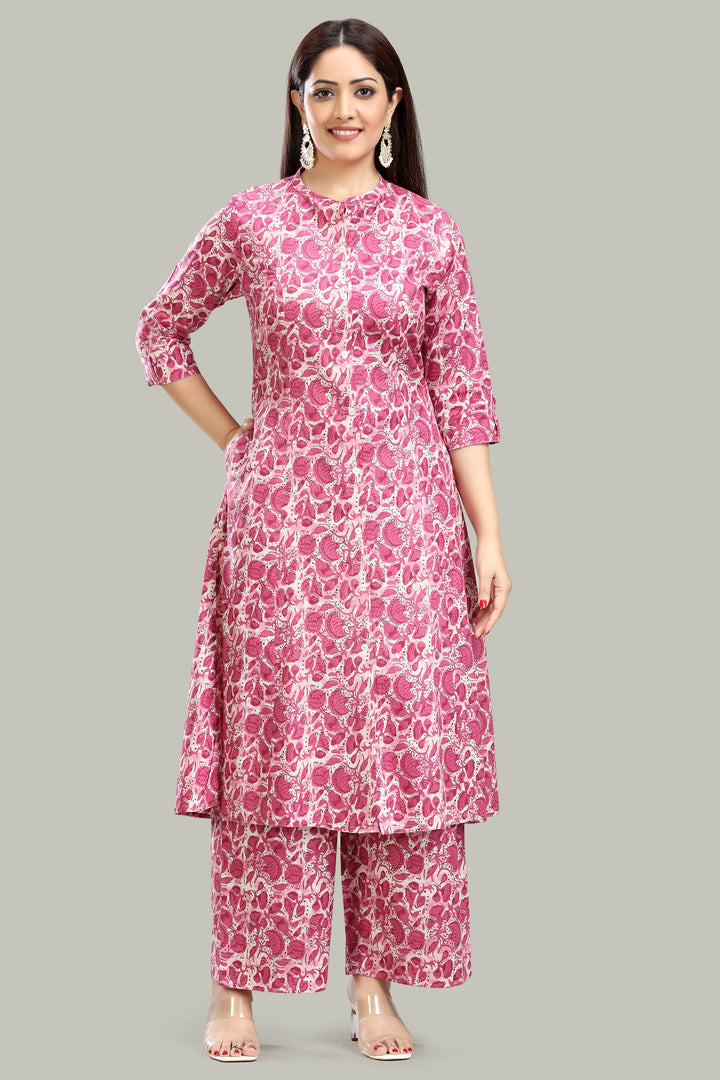 Pink Jaipuri Cotton Straight Printed Kurta Pant Co ord Set