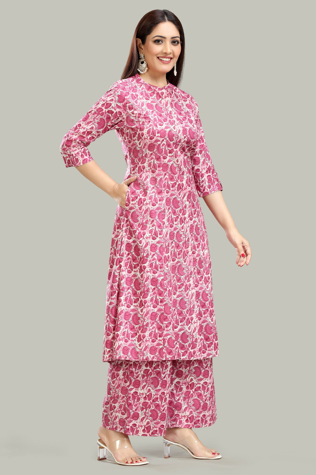 Pink Jaipuri Cotton Straight Printed Kurta Pant Co ord Set