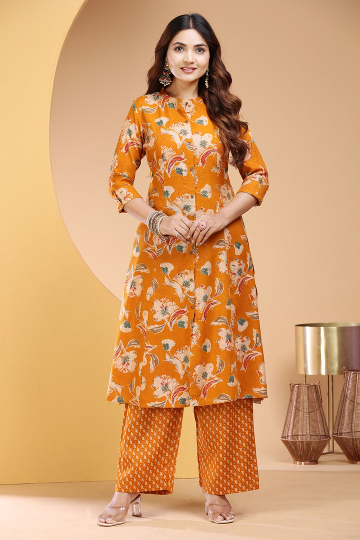 Mustard Rayon Straight Printed Kurta Pant Co ord Set