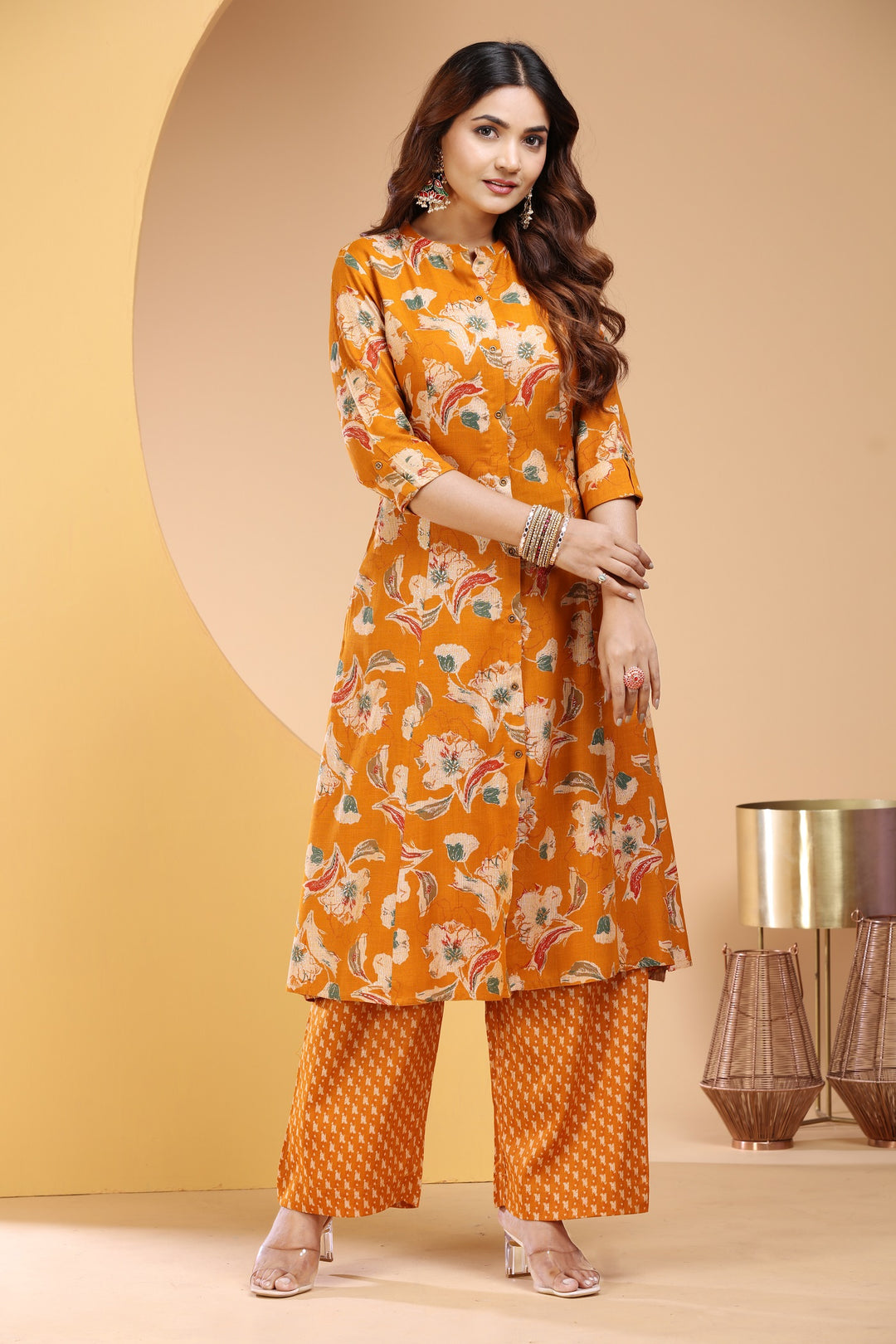 Mustard Rayon Straight Printed Kurta Pant Co ord Set