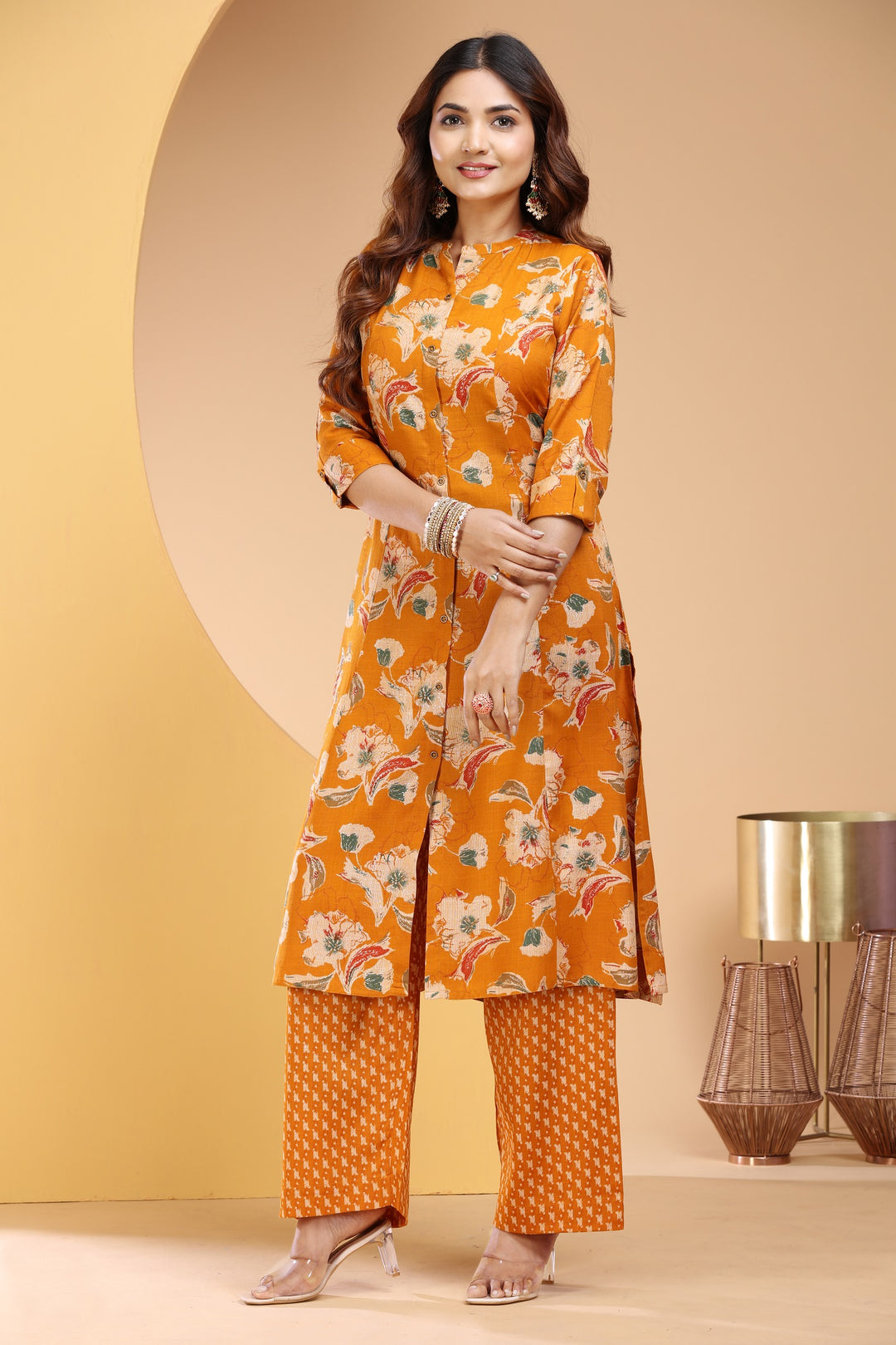 Mustard Rayon Straight Printed Kurta Pant Co ord Set