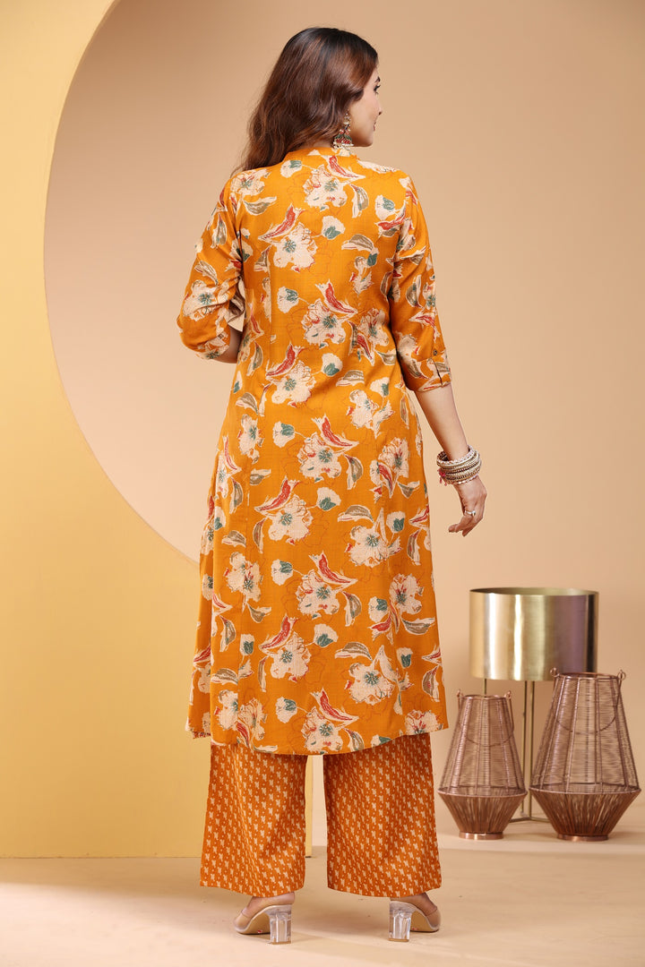 Mustard Rayon Straight Printed Kurta Pant Co ord Set