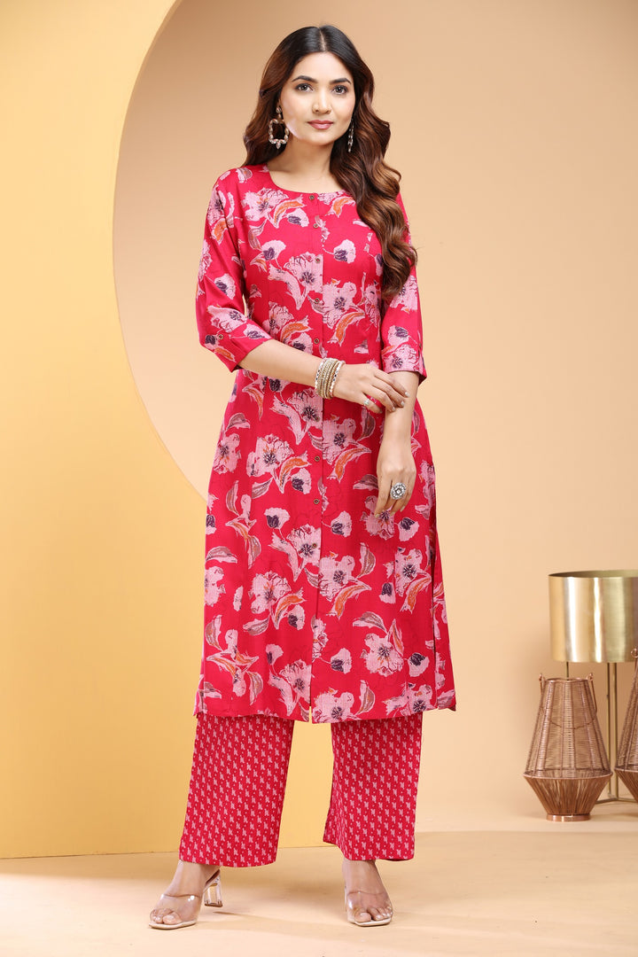 Pink Rayon Straight Printed Kurta Pant Co ord Set