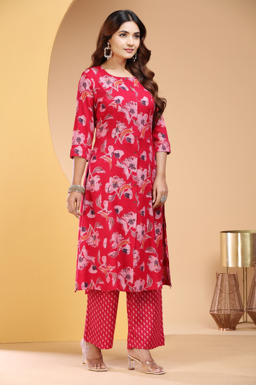 Pink Rayon Straight Printed Kurta Pant Co ord Set