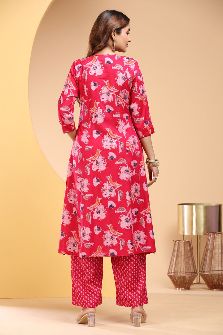 Pink Rayon Straight Printed Kurta Pant Co ord Set