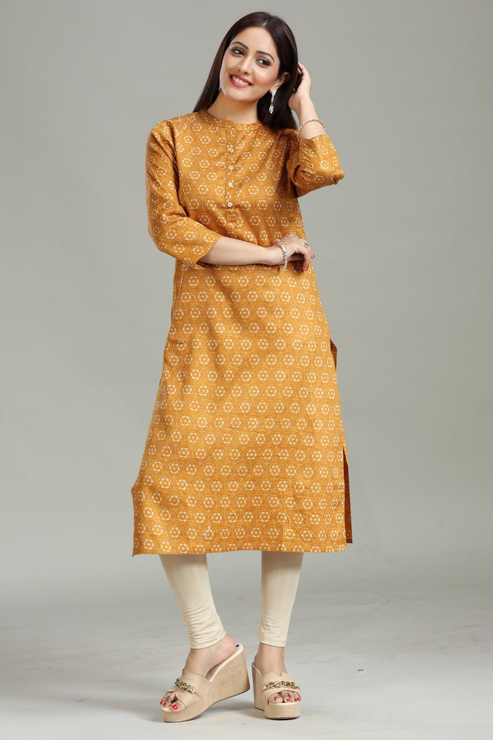 Mustard Roman Silk Straight Printed Kurta