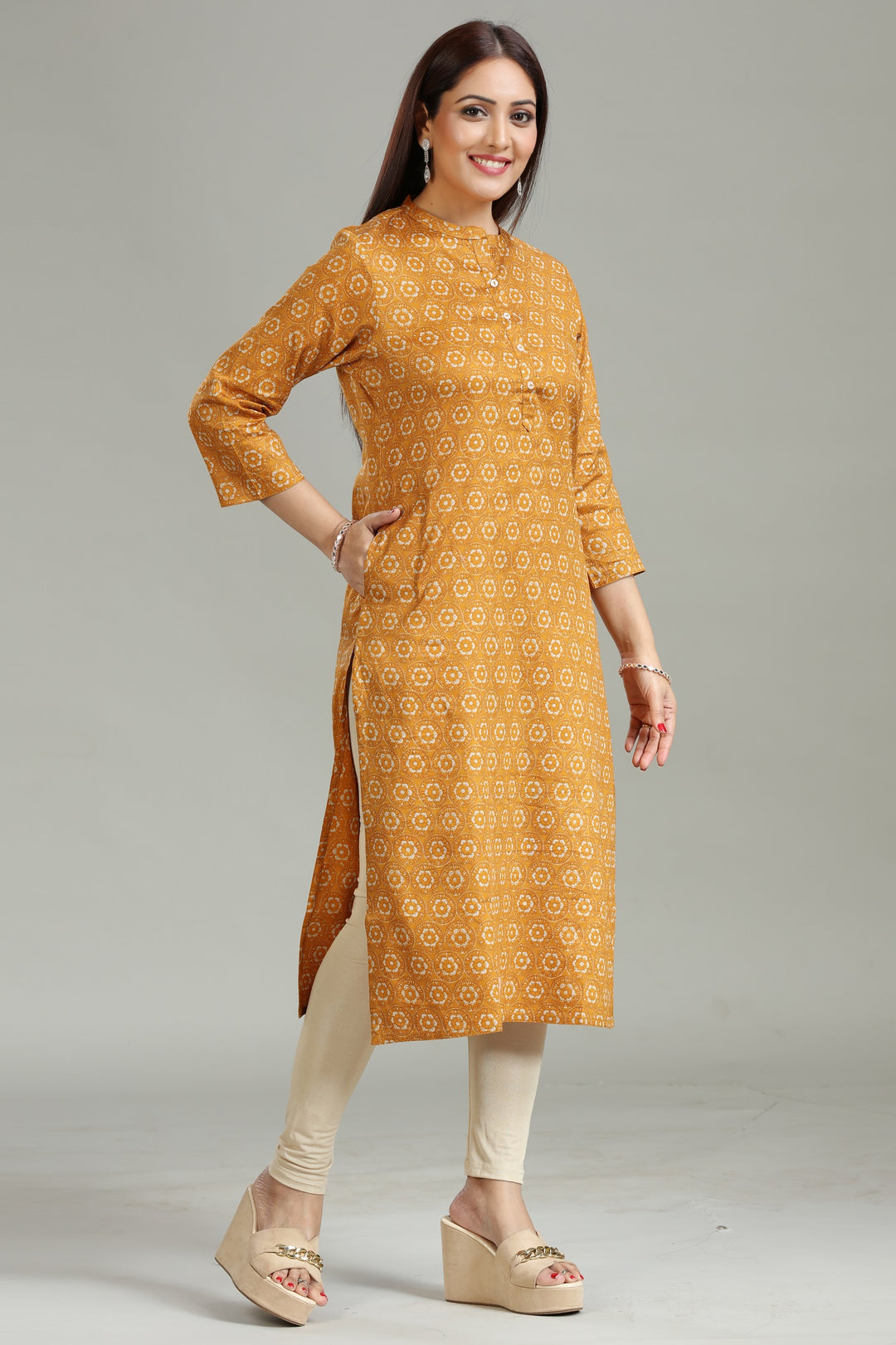 Mustard Roman Silk Straight Printed Kurta